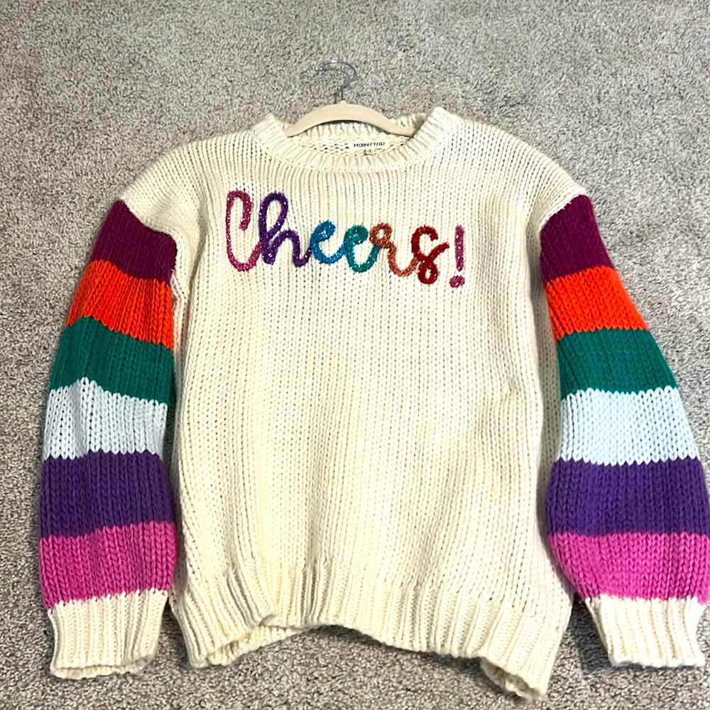 Size small  S Cheers tinsel letters new years striped multicolor sweater
